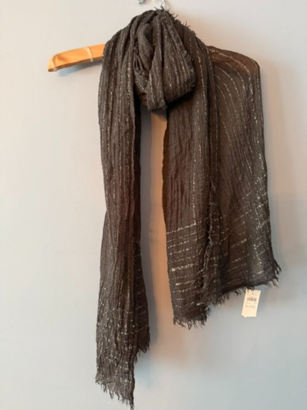 NWT Ann Taylor Shimmer Black/Charcoal Grey Textured Fringe Hem Soft Scarf